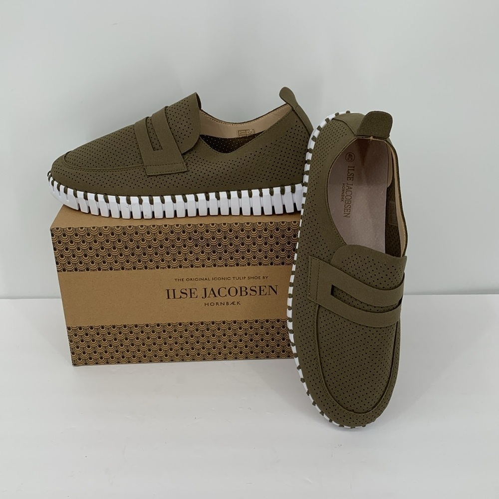 Ilse Jacobsen Olive Green Perforated Slip-On Loafers
